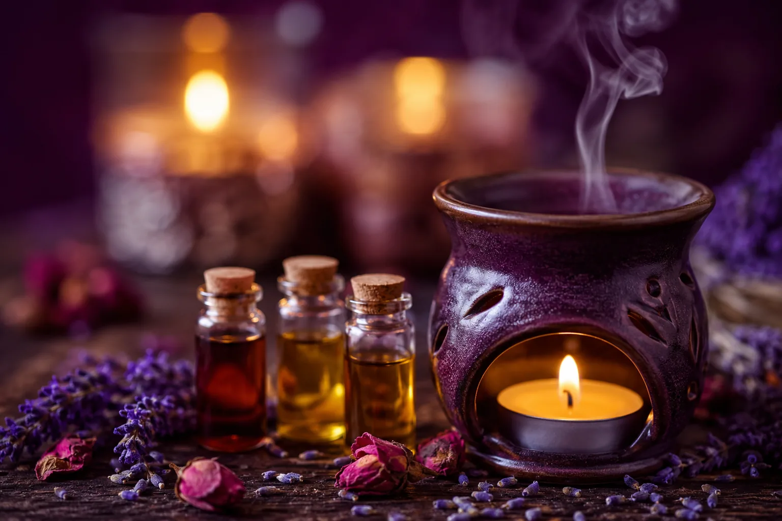 Aromaterapi yağ brülörü, uçucu yağ şişeleri ve kurutulmuş lavanta · Lila Spa Bağcılar