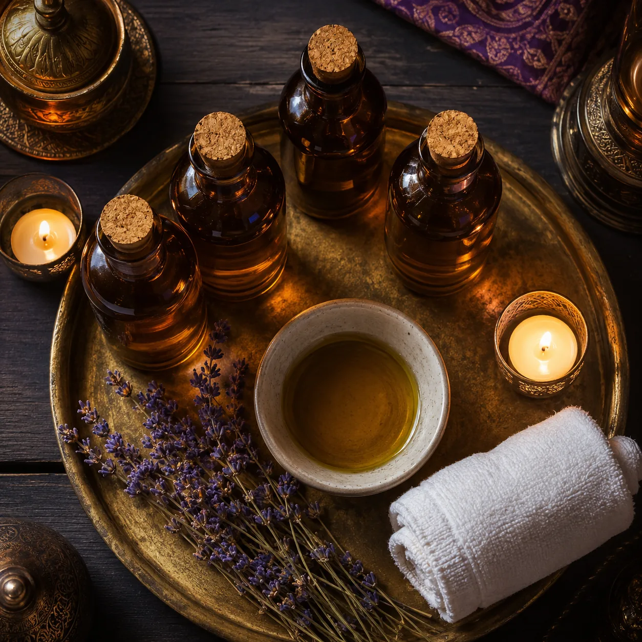 Aromaterapi yağ tepsisi, amber şişeler ve lavanta · Lila Spa Bağcılar