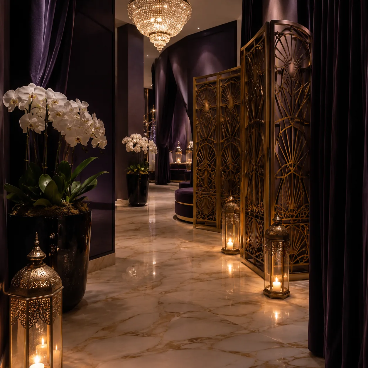 Giriş holü, kristal avize, altın paravan ve orkideler · Lila Spa Bağcılar