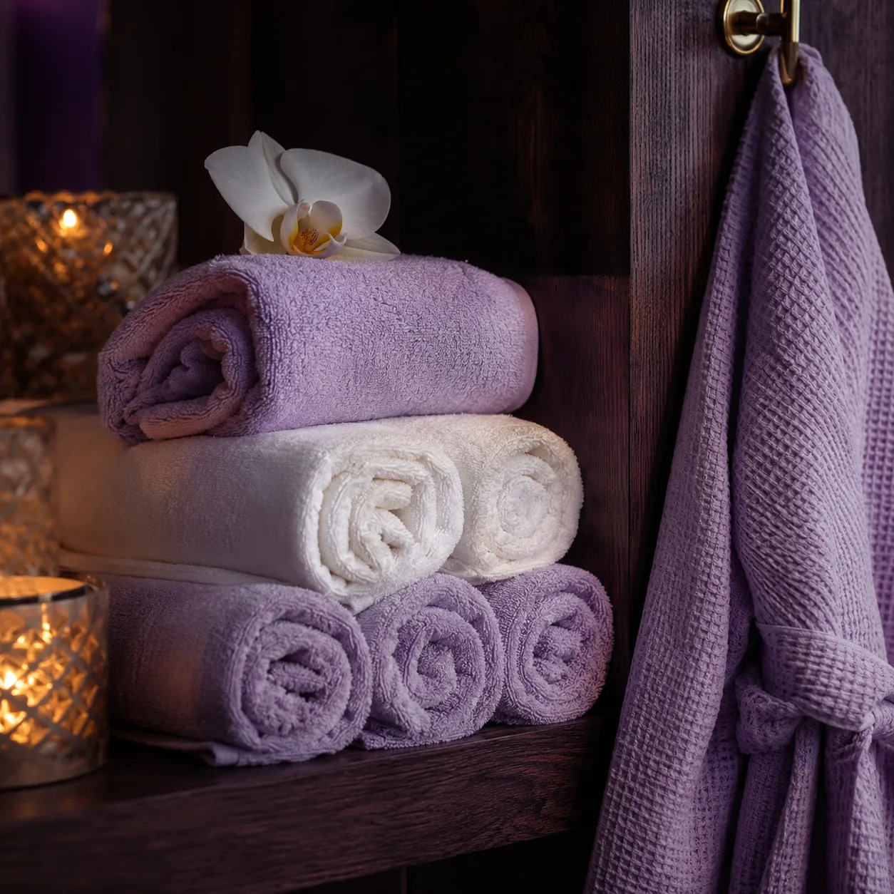 Havlu ve bornoz seti, katlanmış lila ve beyaz havlular · Lila Spa Bağcılar