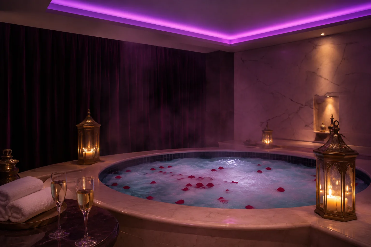 Jakuzili vip odanın mor ışıklı hâli — Lila Spa, Büyükçekmece misafirlerine hizmet veren salon
