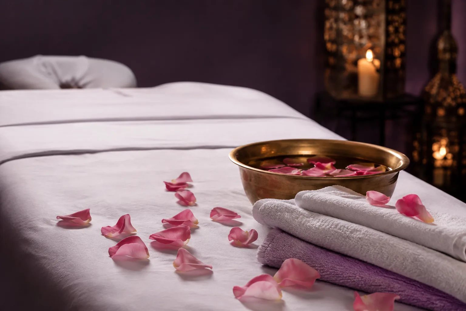 Seans öncesi hazırlanmış masaj masası — Lila Spa, Kağıthane misafirlerine hizmet veren salon