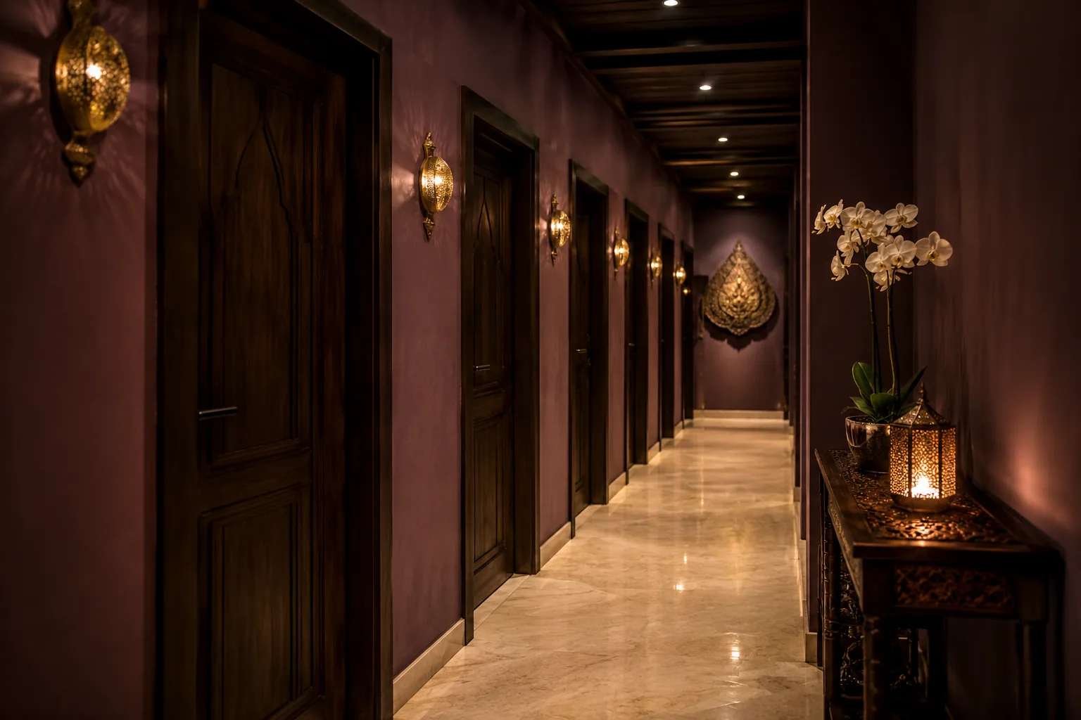 Masaj odaları koridoru, ahşap kapılar ve duvar aplikleri · Lila Spa Bağcılar