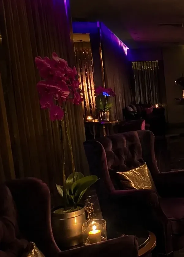 Lila Spa bekleme alanı — kadife koltuklar ve orkideler — Başakşehir erkek terapist