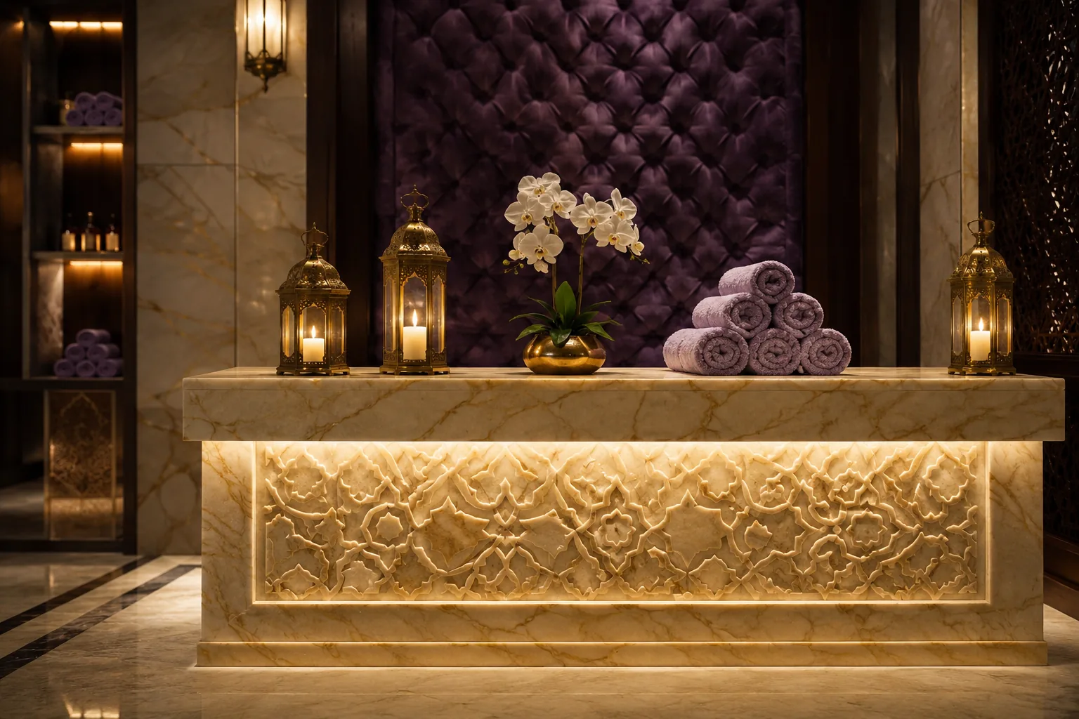 Resepsiyon bankosu, mermer tezgâh ve pirinç fenerler · Lila Spa Bağcılar