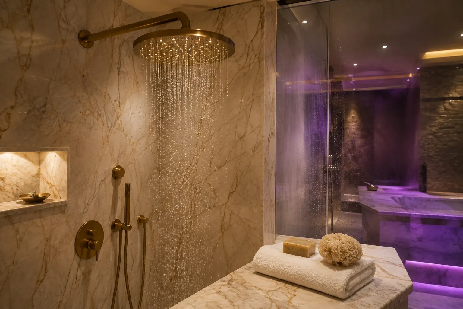 Duş bölümü, mermer duvar ve pirinç tepe duşu · Lila Spa Bağcılar