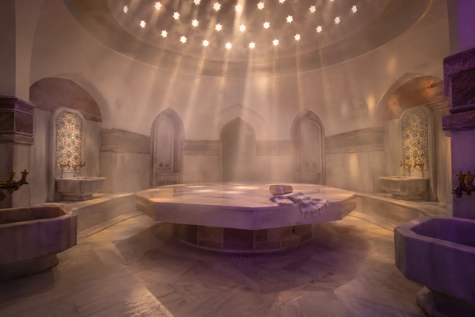 Türk hamamı, göbek taşı ve kubbeden süzülen ışık · Lila Spa Bağcılar