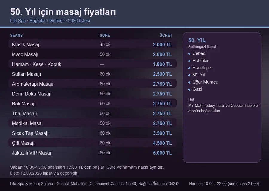 50. Yıl sayfası için Lila Spa masaj fiyat tablosu: seans, süre ve ücret listesi