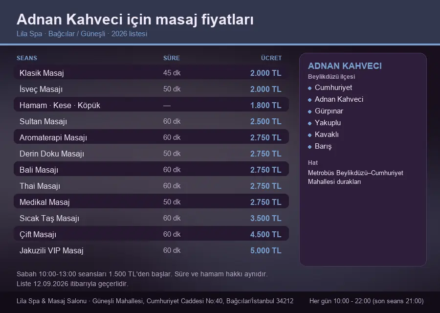 Adnan Kahveci sayfası için Lila Spa masaj fiyat tablosu: seans, süre ve ücret listesi