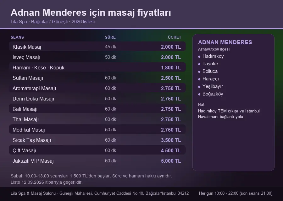 Adnan Menderes sayfası için Lila Spa masaj fiyat tablosu: seans, süre ve ücret listesi