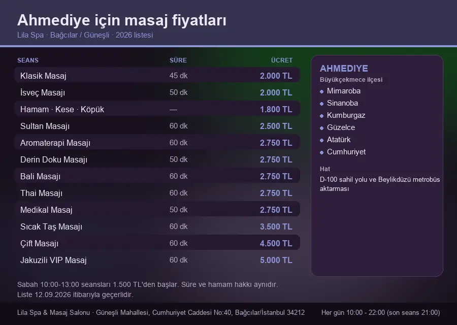Ahmediye sayfası için Lila Spa masaj fiyat tablosu: seans, süre ve ücret listesi