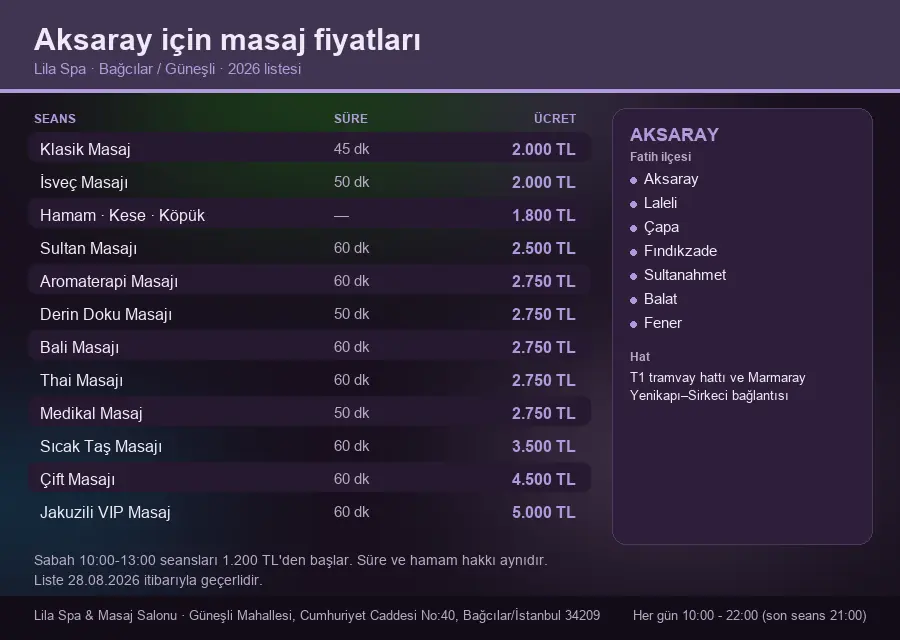 Aksaray sayfası için Lila Spa masaj fiyat tablosu: seans, süre ve ücret listesi