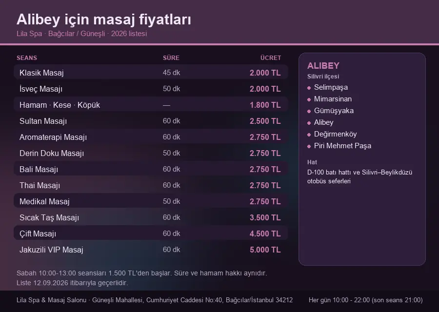 Alibey sayfası için Lila Spa masaj fiyat tablosu: seans, süre ve ücret listesi