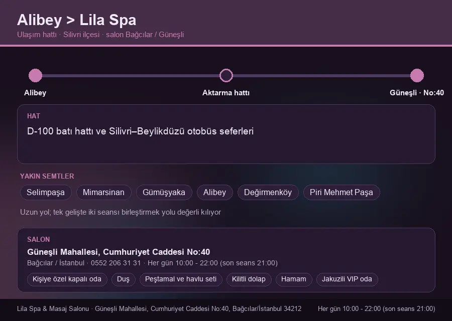 Alibey içinden Lila Spa'ya ulaşım hattı şeması: D-100 batı hattı ve Silivri–Beylikdüzü otobüs seferleri