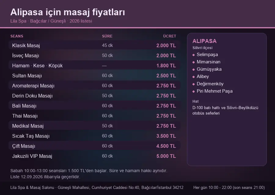Alipasa sayfası için Lila Spa masaj fiyat tablosu: seans, süre ve ücret listesi
