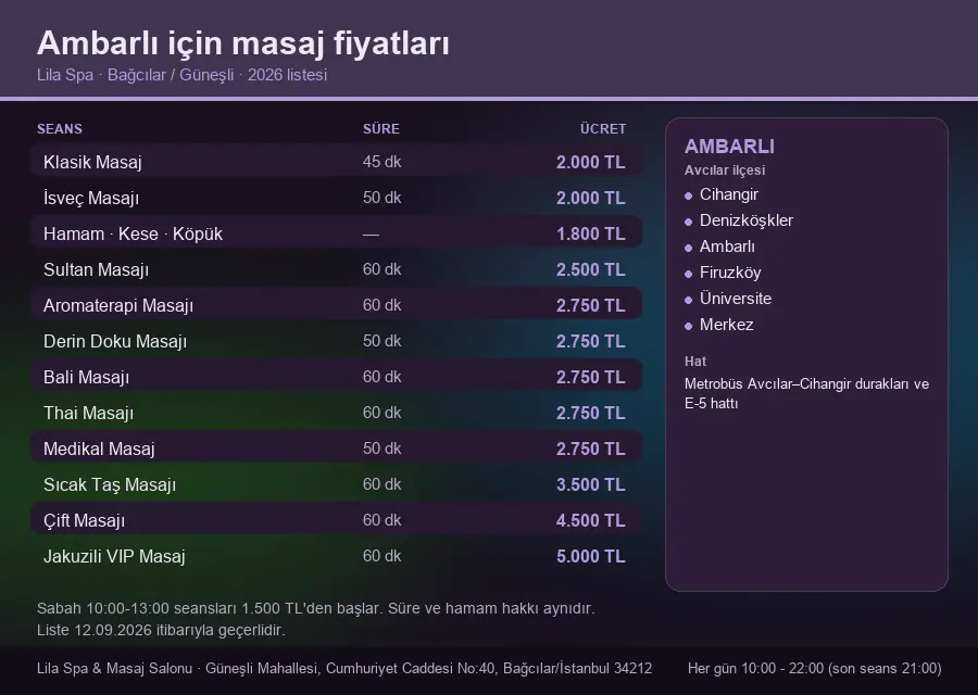 Ambarlı sayfası için Lila Spa masaj fiyat tablosu: seans, süre ve ücret listesi