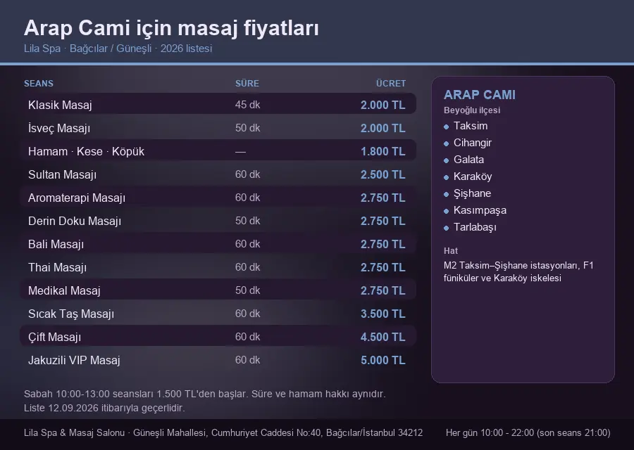 Arap Cami sayfası için Lila Spa masaj fiyat tablosu: seans, süre ve ücret listesi