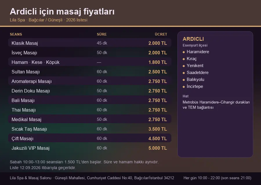 Ardicli sayfası için Lila Spa masaj fiyat tablosu: seans, süre ve ücret listesi