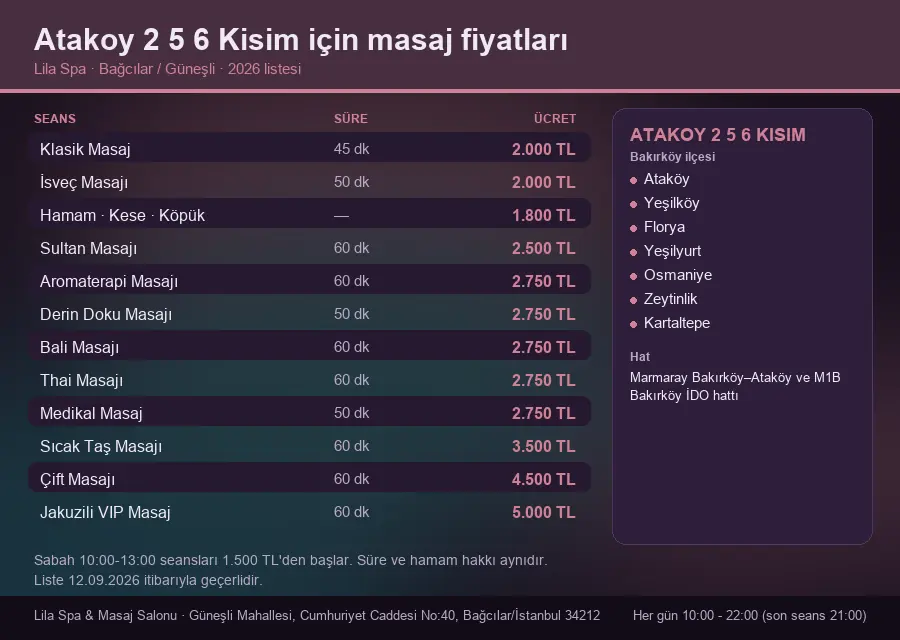 Atakoy 2 5 6 Kisim sayfası için Lila Spa masaj fiyat tablosu: seans, süre ve ücret listesi