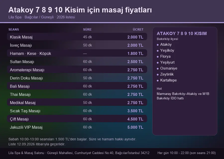 Atakoy 7 8 9 10 Kisim sayfası için Lila Spa masaj fiyat tablosu: seans, süre ve ücret listesi