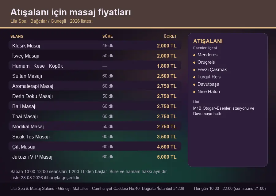 Atışalanı sayfası için Lila Spa masaj fiyat tablosu: seans, süre ve ücret listesi