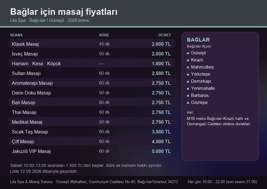Bağlar sayfası için Lila Spa masaj fiyat tablosu: seans, süre ve ücret listesi