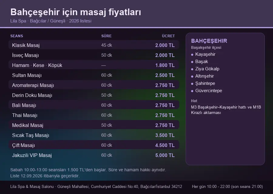 Bahçeşehir sayfası için Lila Spa masaj fiyat tablosu: seans, süre ve ücret listesi