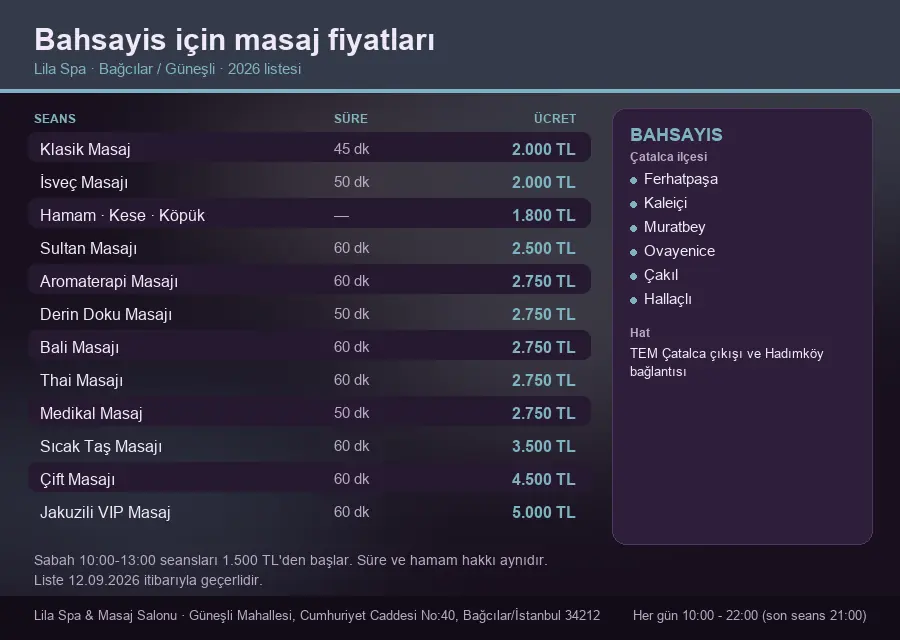 Bahsayis sayfası için Lila Spa masaj fiyat tablosu: seans, süre ve ücret listesi
