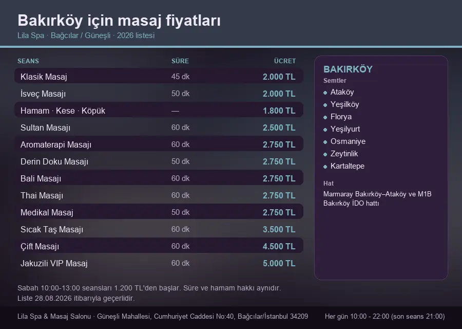 Bakırköy sayfası için Lila Spa masaj fiyat tablosu: seans, süre ve ücret listesi
