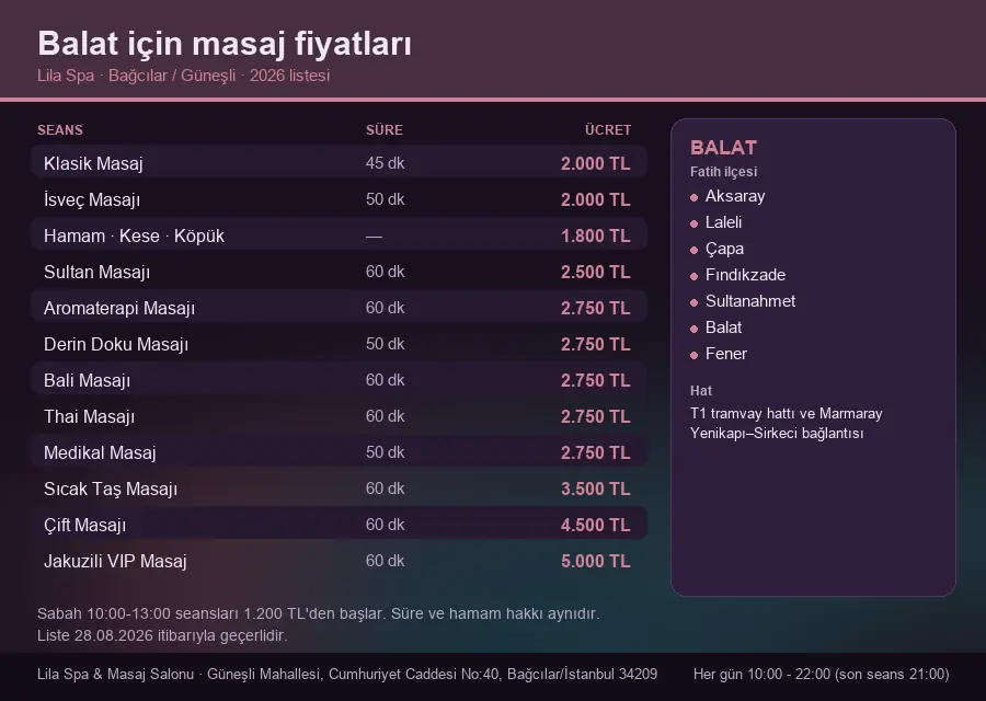 Balat sayfası için Lila Spa masaj fiyat tablosu: seans, süre ve ücret listesi