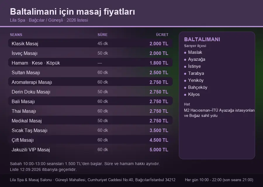 Baltalimani sayfası için Lila Spa masaj fiyat tablosu: seans, süre ve ücret listesi
