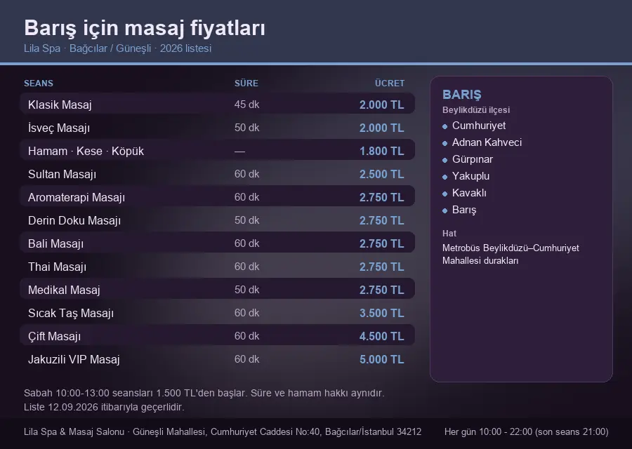 Barış sayfası için Lila Spa masaj fiyat tablosu: seans, süre ve ücret listesi