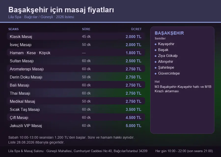 Başakşehir sayfası için Lila Spa masaj fiyat tablosu: seans, süre ve ücret listesi