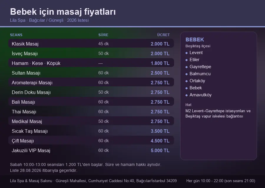 Bebek sayfası için Lila Spa masaj fiyat tablosu: seans, süre ve ücret listesi