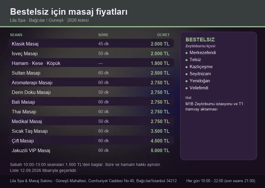 Bestelsiz sayfası için Lila Spa masaj fiyat tablosu: seans, süre ve ücret listesi