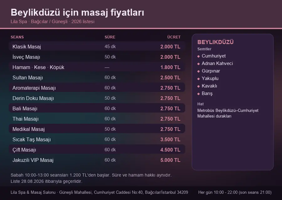 Beylikdüzü sayfası için Lila Spa masaj fiyat tablosu: seans, süre ve ücret listesi