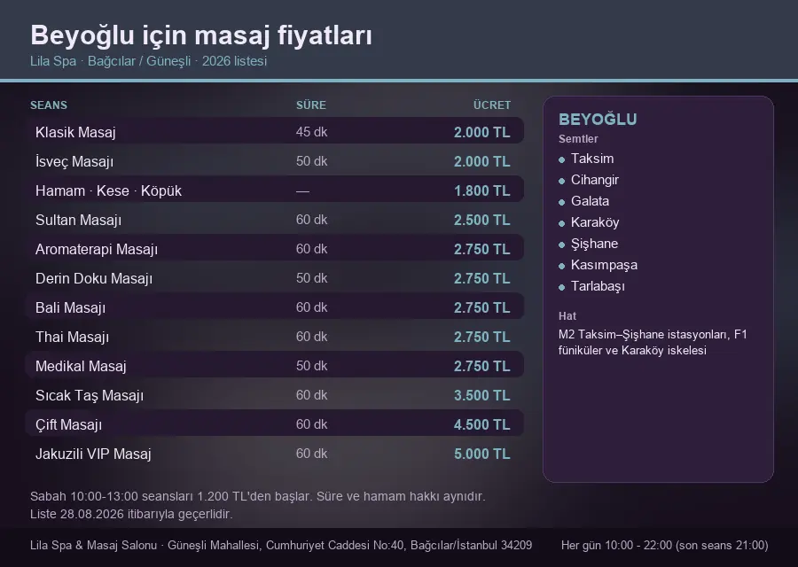Beyoğlu sayfası için Lila Spa masaj fiyat tablosu: seans, süre ve ücret listesi