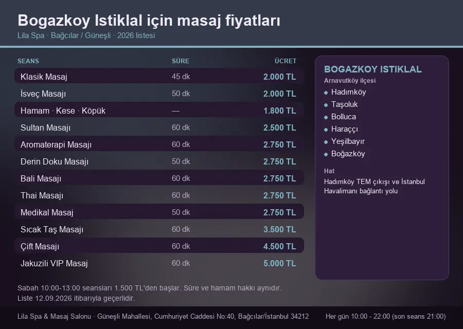 Bogazkoy Istiklal sayfası için Lila Spa masaj fiyat tablosu: seans, süre ve ücret listesi