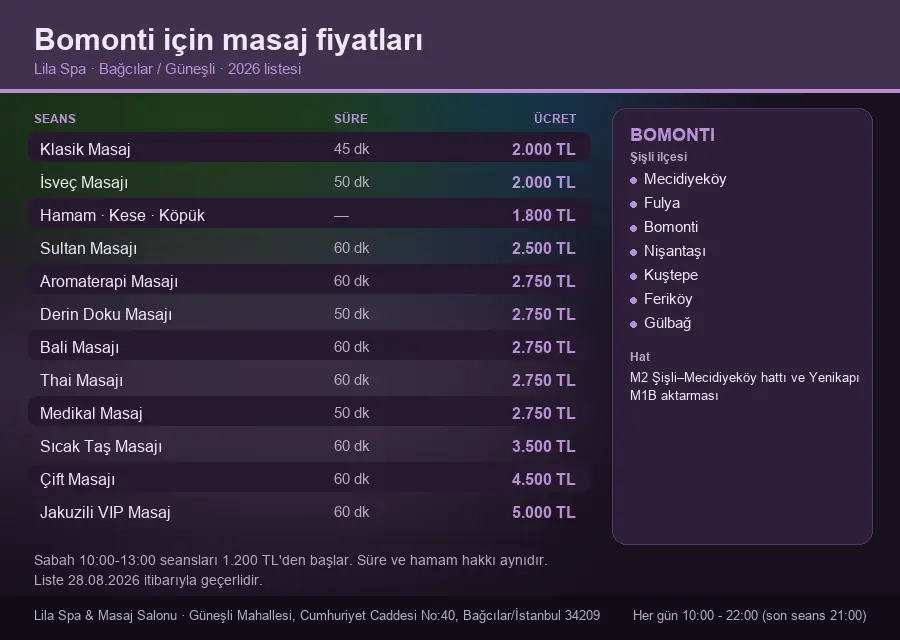 Bomonti sayfası için Lila Spa masaj fiyat tablosu: seans, süre ve ücret listesi