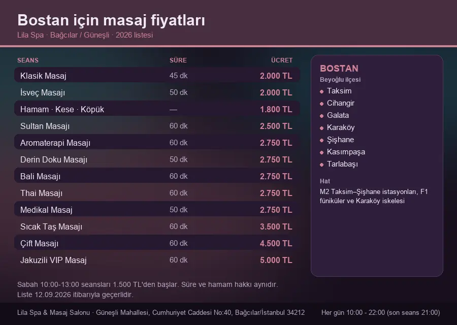 Bostan sayfası için Lila Spa masaj fiyat tablosu: seans, süre ve ücret listesi