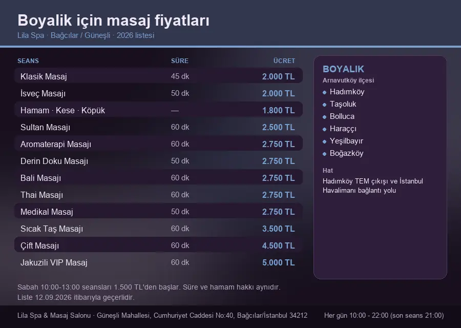 Boyalik sayfası için Lila Spa masaj fiyat tablosu: seans, süre ve ücret listesi