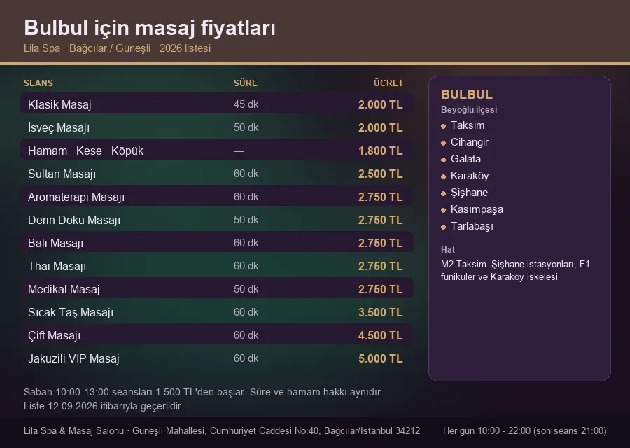 Bulbul sayfası için Lila Spa masaj fiyat tablosu: seans, süre ve ücret listesi