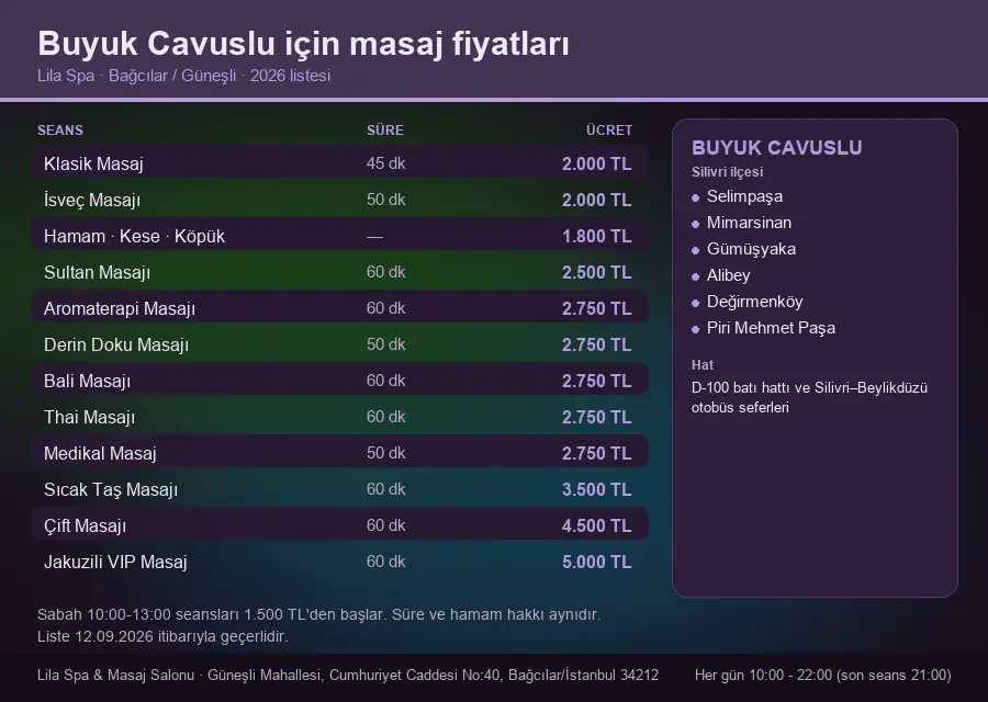 Buyuk Cavuslu sayfası için Lila Spa masaj fiyat tablosu: seans, süre ve ücret listesi