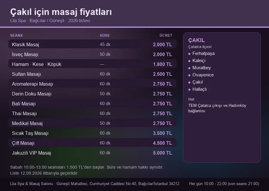 Çakıl sayfası için Lila Spa masaj fiyat tablosu: seans, süre ve ücret listesi