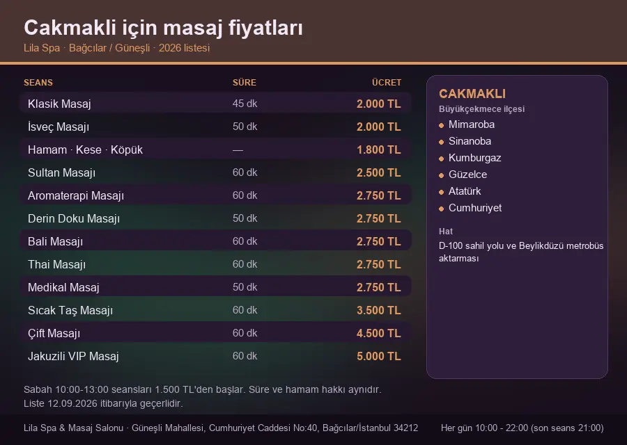 Cakmakli sayfası için Lila Spa masaj fiyat tablosu: seans, süre ve ücret listesi