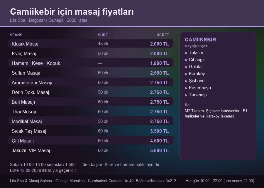 Camiikebir sayfası için Lila Spa masaj fiyat tablosu: seans, süre ve ücret listesi