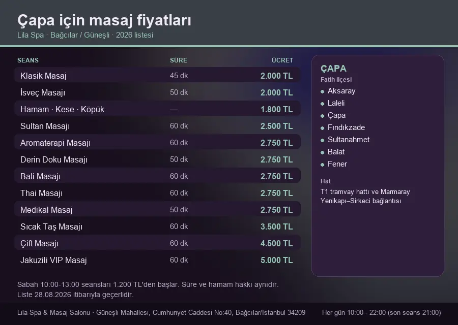 Çapa sayfası için Lila Spa masaj fiyat tablosu: seans, süre ve ücret listesi