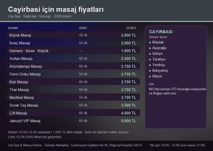 Cayirbasi sayfası için Lila Spa masaj fiyat tablosu: seans, süre ve ücret listesi