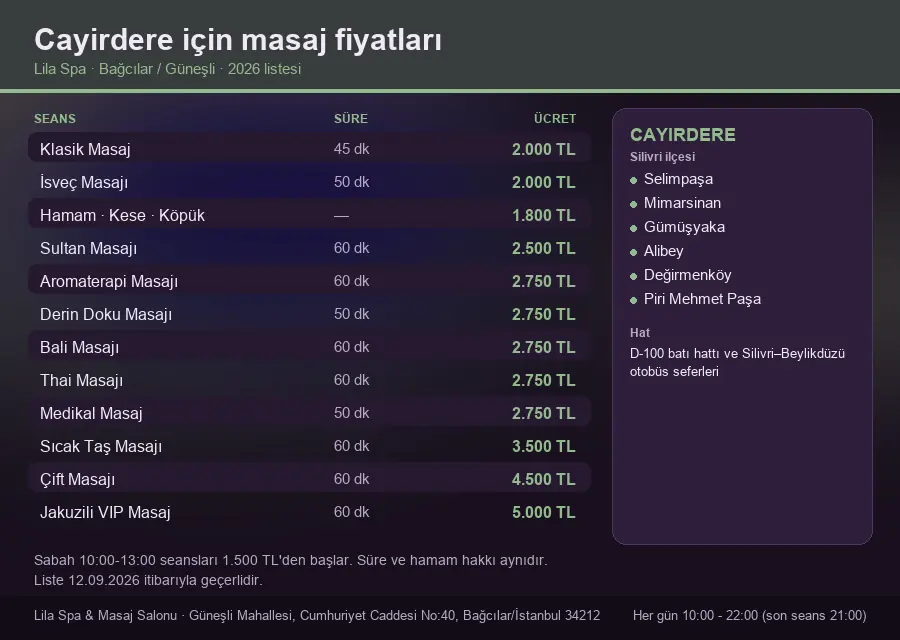Cayirdere sayfası için Lila Spa masaj fiyat tablosu: seans, süre ve ücret listesi