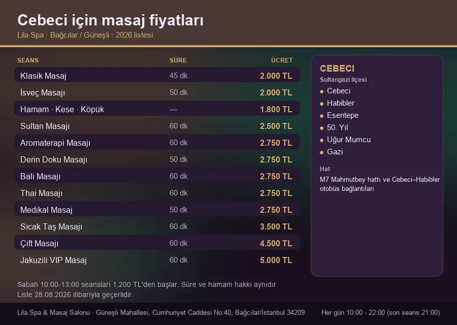 Cebeci sayfası için Lila Spa masaj fiyat tablosu: seans, süre ve ücret listesi